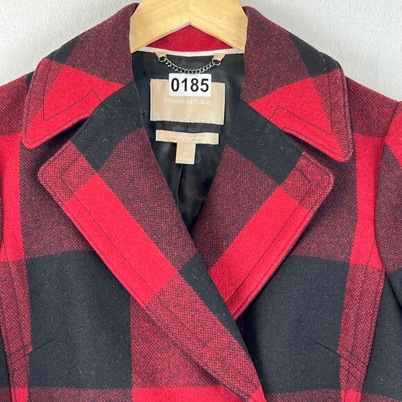 Banana Republic Buffalo Plaid Wool Peacoat Trench Coat Belt Jacket XS Red Black - Picture 10 of 10